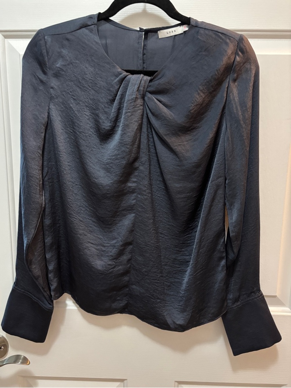 Navy Twist-Front Long-Sleeve Blouse